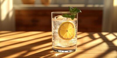 Refreshing lemonade drink with mint leaves and ice cubes sits on a wooden table under warm sunlight in a cozy indoor space photo