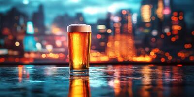 Golden beer glass against a vibrant city skyline at dusk with shimmering lights in the background photo