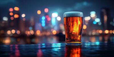 Crisp golden beer sits on a reflective surface against a vibrant city skyline at night photo