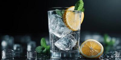 Refreshing lemon drink with mint and ice on a dark background photo