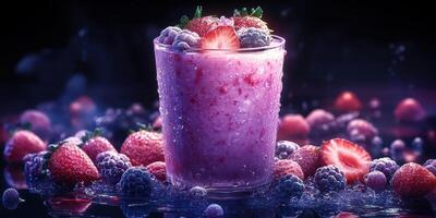 Refreshing berry smoothie with strawberries and raspberries garnished with fresh fruits photo
