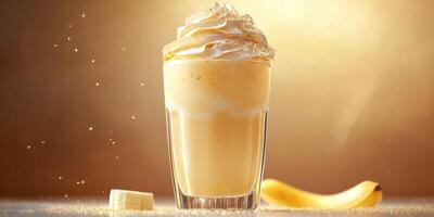 Creamy banana shake served in a tall glass with whipped cream on top and scattered crumbs beside it photo