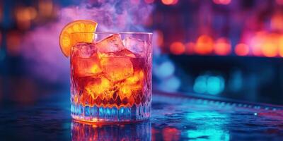 Colorful cocktail with citrus garnish sitting on a bar counter during a lively night out photo