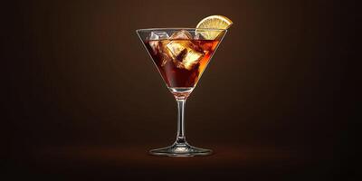 Refreshing cocktail served in a stylish glass garnished with a slice of lemon and ice cubes against a dark backdrop photo