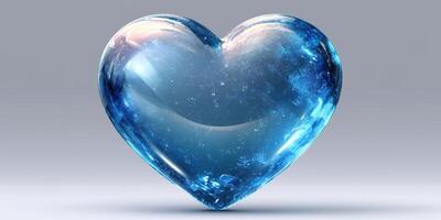 Beautiful translucent blue crystal heart sculpture positioned against a simple gray background photo