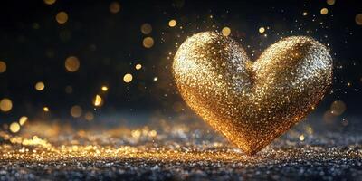 Heart-shaped glitter sparkles create a dazzling display of gold against a dark background photo