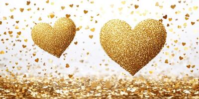 Golden hearts surrounded by shimmering confetti create a festive atmosphere perfect for celebrations and joyful occasions photo