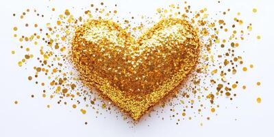 Golden glitter heart shape surrounded by scattered gold confetti on white background for festive celebrations photo