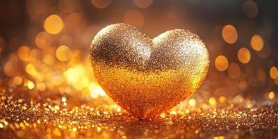 Golden heart shape sparkling with glitter against a blurred backdrop of warm bokeh lights photo
