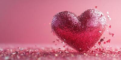 Sparkling red heart made of glitter against a soft pink backdrop during a festive celebration photo