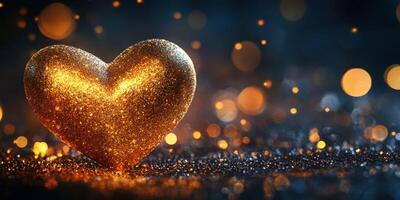 Sparkling golden heart shines in dark background with bokeh effects during night event photo