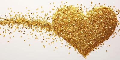 Golden heart made of sparkling glitter shapes flows across a white background during a celebration photo