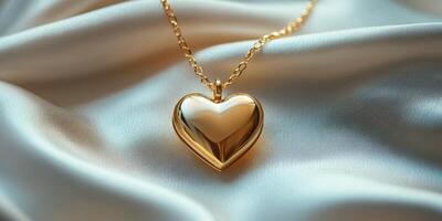 Elegant gold heart locket resting on soft satin fabric, showcasing timeless jewelry craftsmanship and design photo