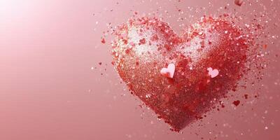 Colorful heart shape formed by shimmering red and pink confetti in a light backdrop celebrating love and affection photo