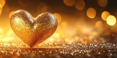 Heart-shaped glitter decoration shines brightly on a golden background during a festive celebration photo