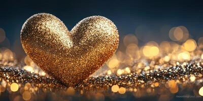 Golden heart shape sparkles against a blurred background of shimmering gold and soft lights photo