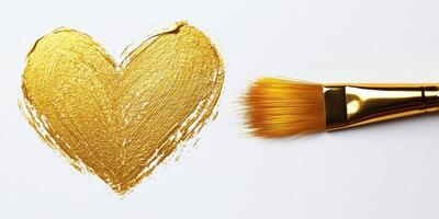 Golden heart painted on white canvas with brush beside it showcasing creativity and artistry photo