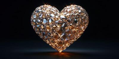 Heart-shaped crystal sculpture shining brightly in a dark setting photo