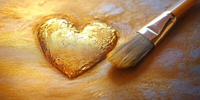 Golden heart painted with a brush on textured golden surface in artistic creation moments photo