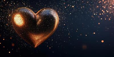 Shimmering golden heart surrounded by sparkling glittering particles in dark background photo