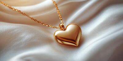 Heart-shaped gold necklace resting on soft satin fabric with gentle light highlighting its shine and curves photo