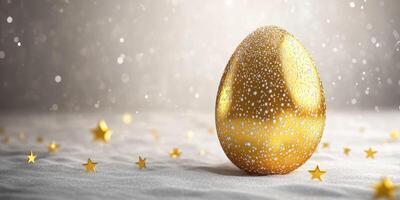 Shiny golden egg decorated with silver stars on a soft textured surface with shimmering particles in the background photo