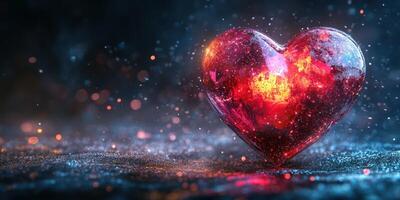 Glowing red heart shape with cosmic patterns on a sparkling surface at night photo