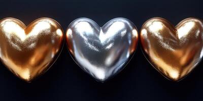Shiny metallic hearts in gold, silver, and bronze on a dark background showcase love and celebration at any event photo