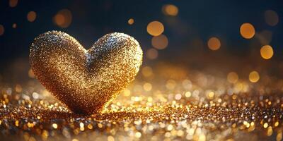 Sparkling golden heart adorns a shimmering background in a romantic setting during nighttime photo