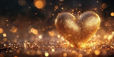 Golden heart sparkles with light in a magical atmosphere filled with shimmering dust photo