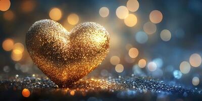 Golden heart glittering with soft bokeh lights in the background captures the essence of love and celebration photo