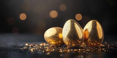 Three shimmering golden eggs resting on a dark surface surrounded by sparkling gold flecks at night photo