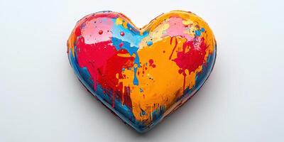 Colorful heart sculpture with vibrant paint splatters displayed on a white background photo