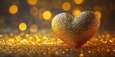 Golden glitter heart shines brightly against a backdrop of shimmering bokeh lights during a romantic celebration photo