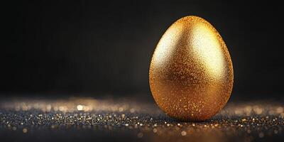 Golden egg on a dark background surrounded by sparkling particles photo