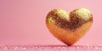 Glittering golden heart decoration on soft pink background for celebrations and romantic occasions photo