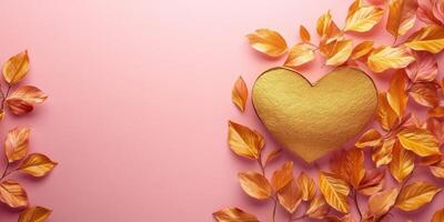 Golden heart surrounded by autumn leaves on a pink background creates a warm and inviting atmosphere for a seasonal celebration photo