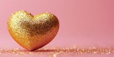 Glimmering gold heart decoration shines on a soft pink background creating a romantic atmosphere for special occasions photo