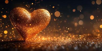 Glittering golden heart shaped decoration with sparkling bokeh background for romantic celebrations photo