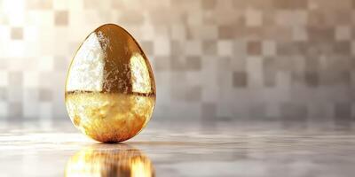 Captivating golden egg reflecting light on a smooth surface with an abstract background photo