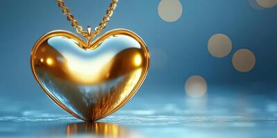 Shiny golden heart pendant glistening with soft lighting on a serene background photo