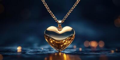 Heart-shaped gold necklace shines beautifully against a dark background with soft reflections and highlights photo