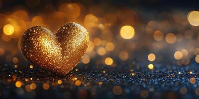 Shimmering golden heart surrounded by festive bokeh lights in a dark setting at night photo
