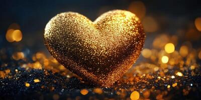 Shimmering golden heart with sparkling bokeh effects in dark background photo