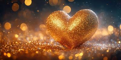 Shimmering golden heart illuminated by glimmering lights on a sparkling surface during an evening celebration photo