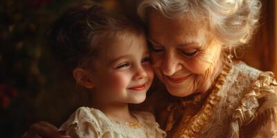 Elderly woman embraces smiling granddaughter in cozy indoor setting during soft evening light photo