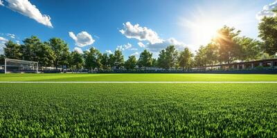 Bright sunny day on a lush green soccer field with trees and clouds in view photo