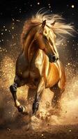 Majestic golden horse galloping through a cloud of dust during golden hour in an enchanting landscape photo