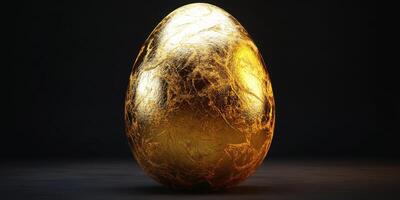 Golden egg with intricate texture illuminated against a dark background photo