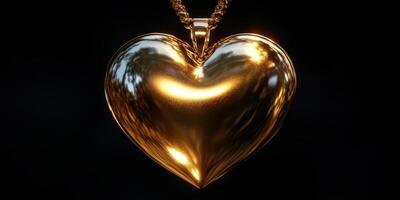 Heart-shaped gold pendant shining brightly against a dark background photo